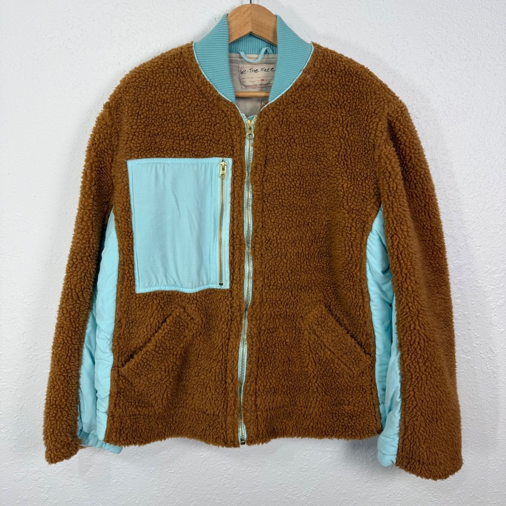 We The Free Women XS Rivington Jacket Sherpa Fleece Bomber‎ Brown Oversized Zip
